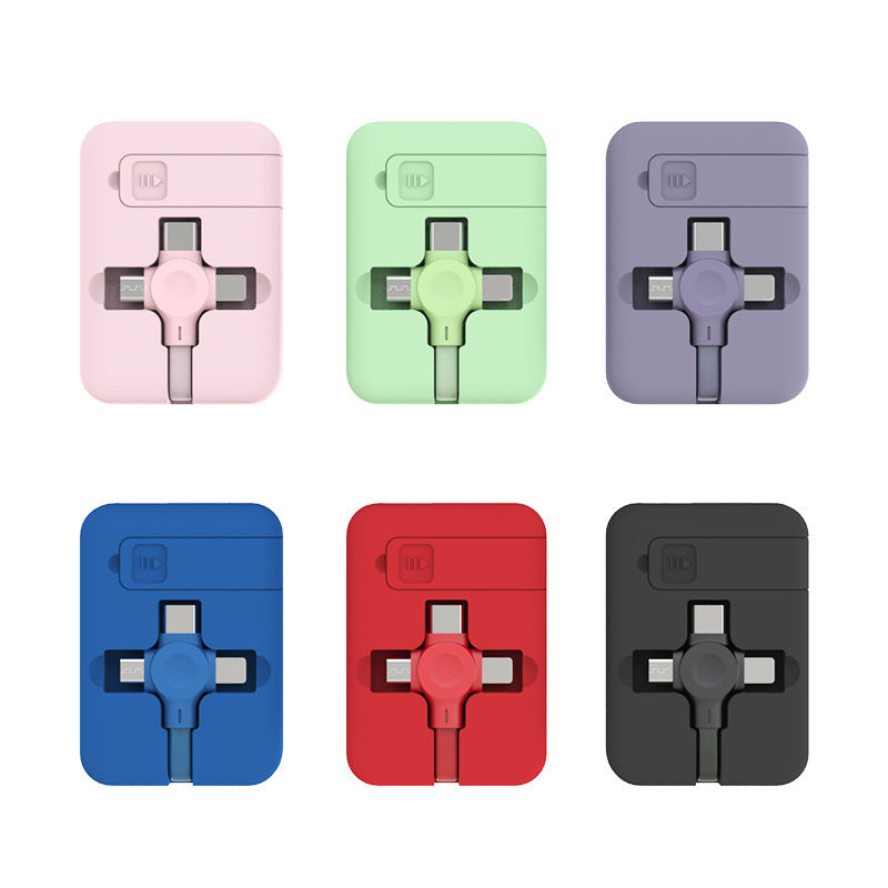 4-in-1 Retractable USB Charging Cable – Macaron Design with Type-C, Micro, Lightning, Phone Stand & Storage Box