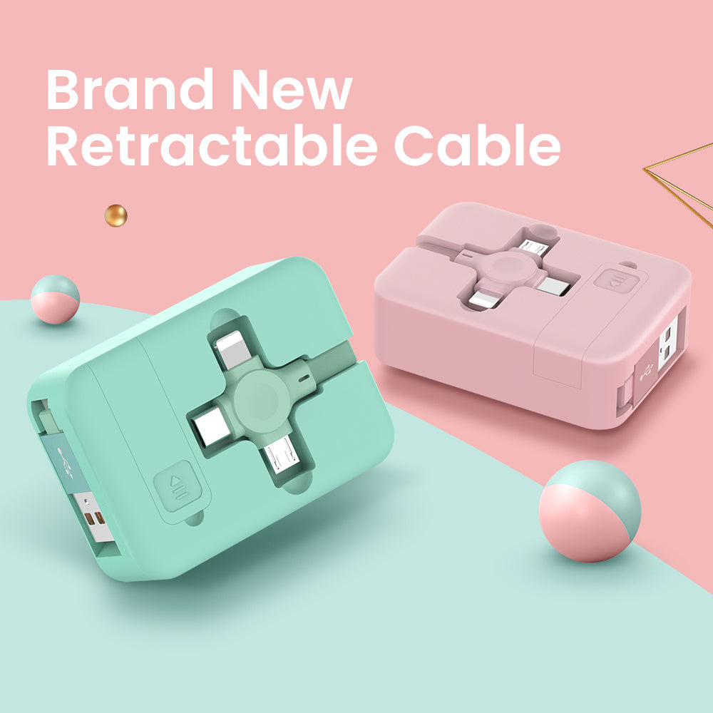 4-in-1 Retractable USB Charging Cable – Macaron Design with Type-C, Micro, Lightning, Phone Stand & Storage Box