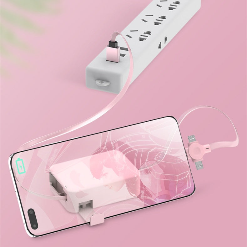 4-in-1 Retractable USB Charging Cable – Macaron Design with Type-C, Micro, Lightning, Phone Stand & Storage Box