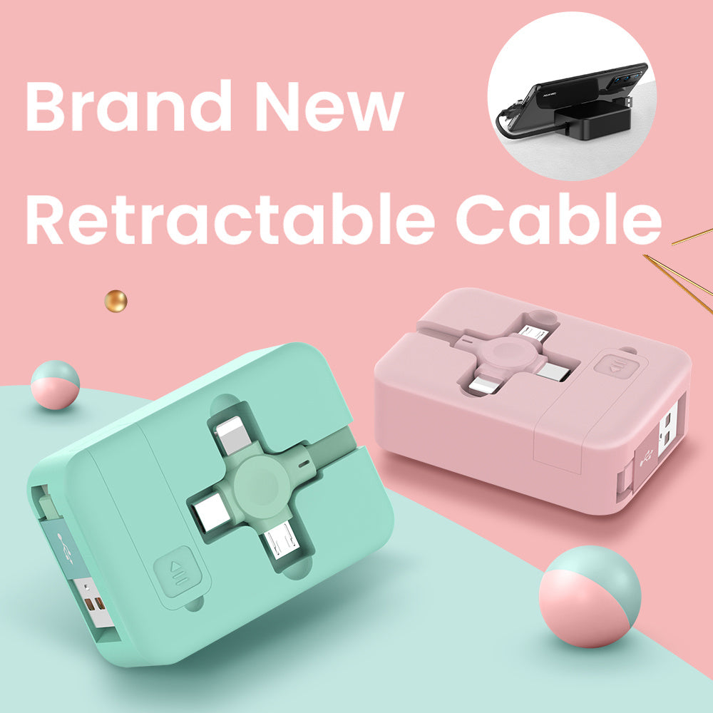 4-in-1 Retractable USB Charging Cable – Macaron Design with Type-C, Micro, Lightning, Phone Stand & Storage Box