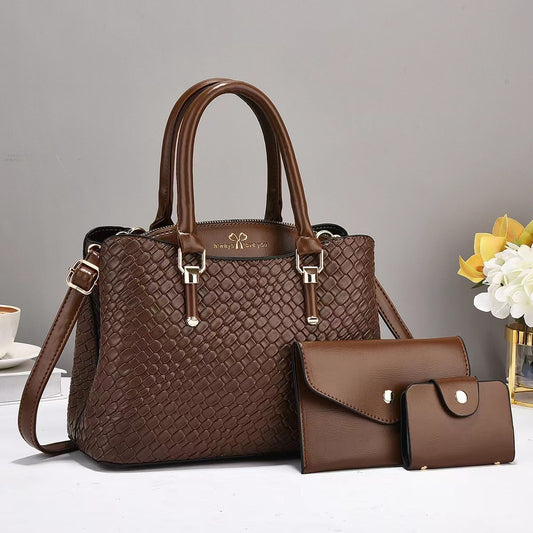 Elegant Woven Texture 3-Piece Shoulder Bag Set – Large Capacity & Stylish Combo